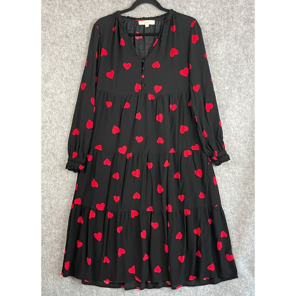 Loft Tiered Dress Womens Small Heart Print Midi Whimsy Romantic Feminine